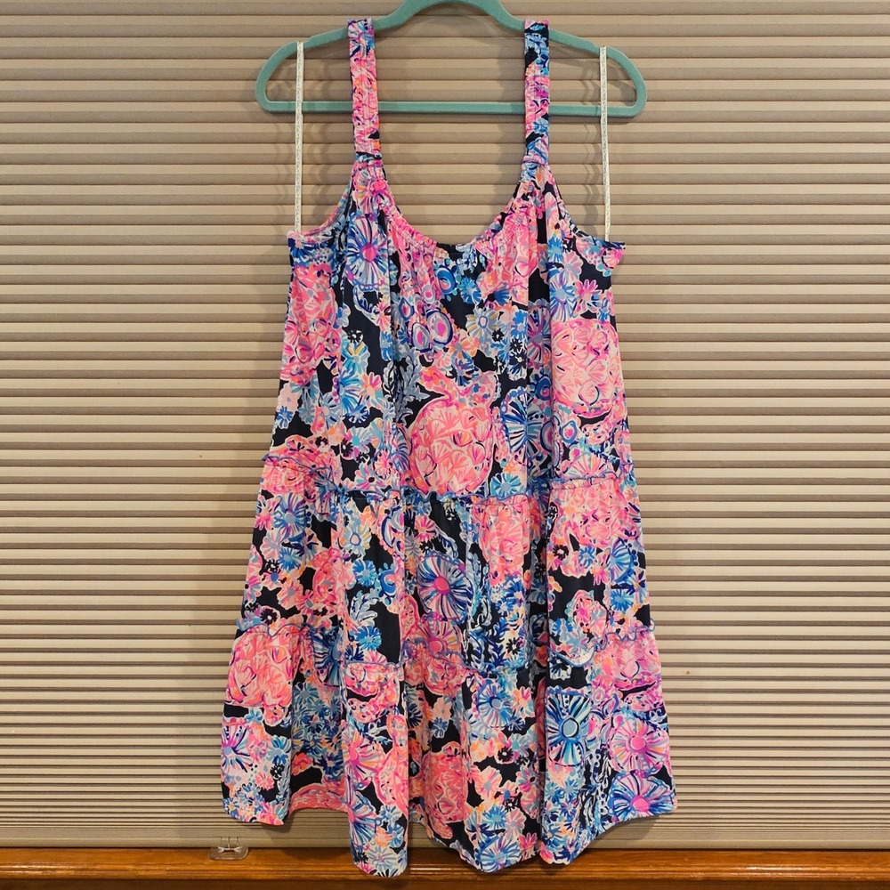 Lilly Pulitzer Loro Dress Turtle Amazement Blue Pink Cotton Tiered XL Beach NWT